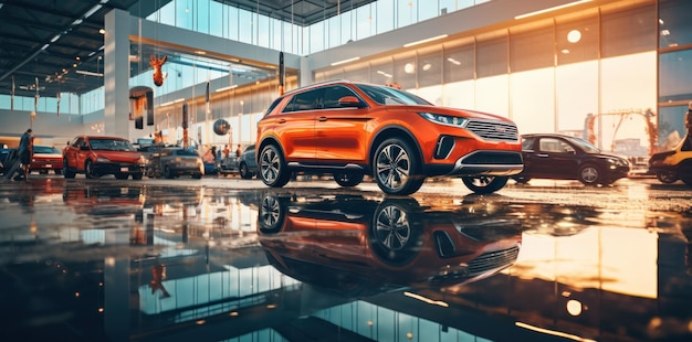 Foto coche rojo en un concesionario de coches moderno