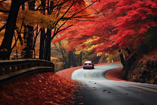 un coche rojo conduce por una carretera rural rodeada de hojas de otoño y árboles al estilo de negrita