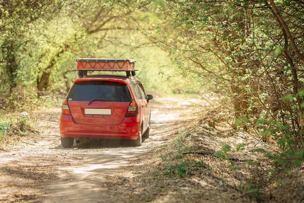 Coche rojo conduce a lo largo de la carretera forestal en un día soleado de primavera