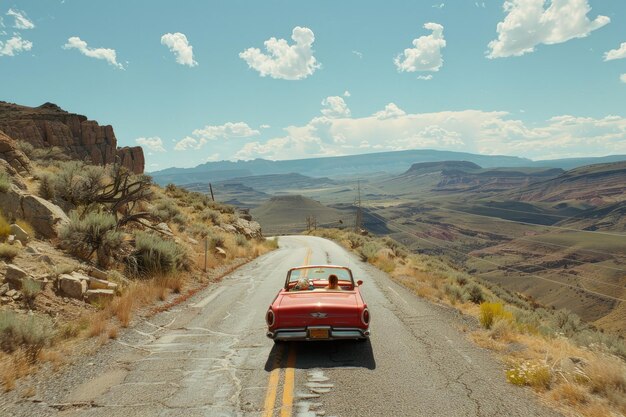 Un coche rojo conduciendo por un camino al lado de las montañas