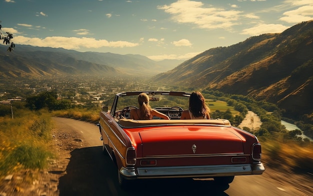 Foto un coche rojo conduciendo por un camino de tierra ai