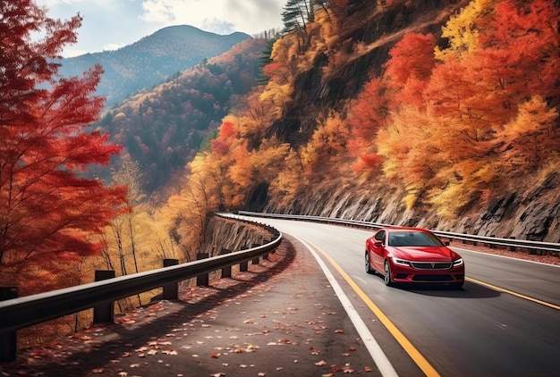 un coche rojo conduciendo por una carretera cubierta de hojas de otoño al estilo de paisajes de color pastel