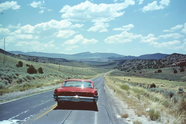 Un coche rojo conduciendo por la carretera en el desierto