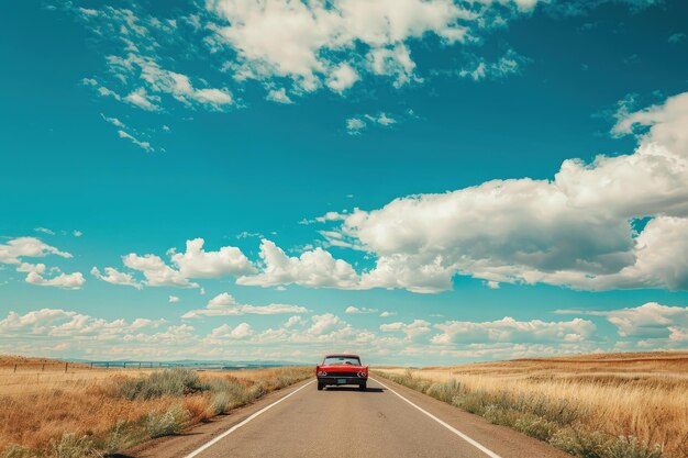 Foto un coche rojo conduciendo por una carretera rural