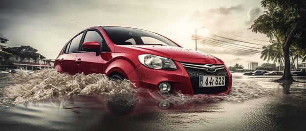 Foto un coche rojo está conduciendo a través del agua con una placa de matrícula que dice kodak