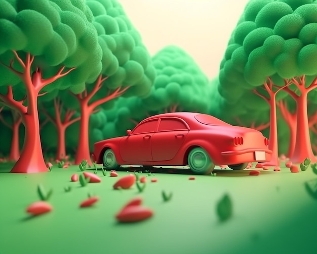 Un coche rojo está en un bosque con hojas en el suelo.