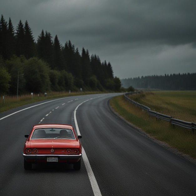 un coche rojo está conduciendo por una carretera con una placa de matrícula que dice parar