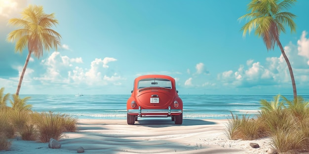 un coche rojo está estacionado en la playa