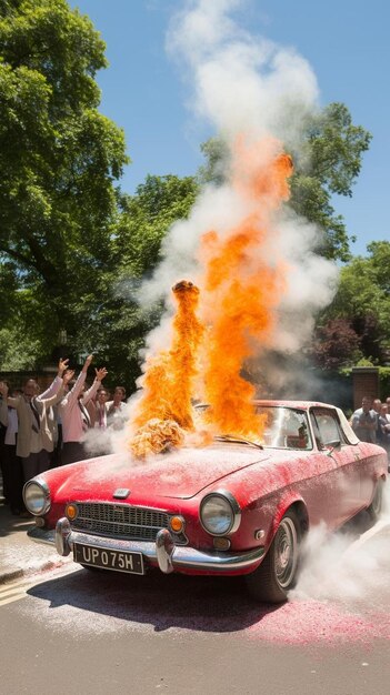 un coche rojo está en llamas en la calle