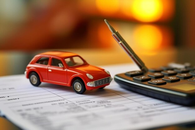 un coche rojo está en una pieza de papel al lado de una calculadora