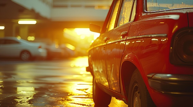 Un coche rojo estacionado en una calle húmeda