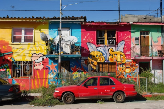 Un coche rojo estacionado frente a un edificio colorido