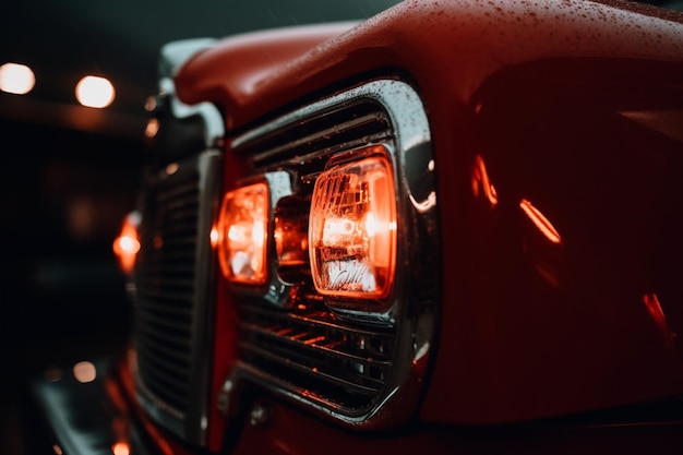 Un coche rojo con los faros encendidos