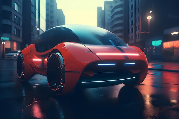 Un coche rojo futurista está en una calle de la ciudad Generative ai