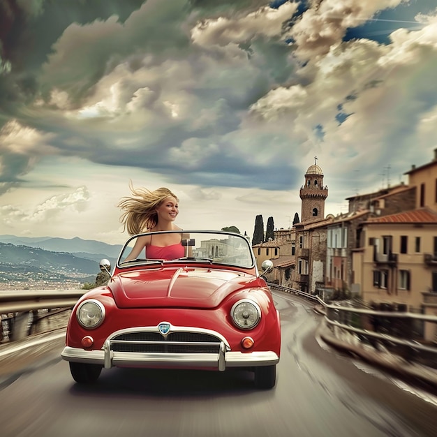 un coche rojo y una hermosa dama conduciendo en la carretera de Italia