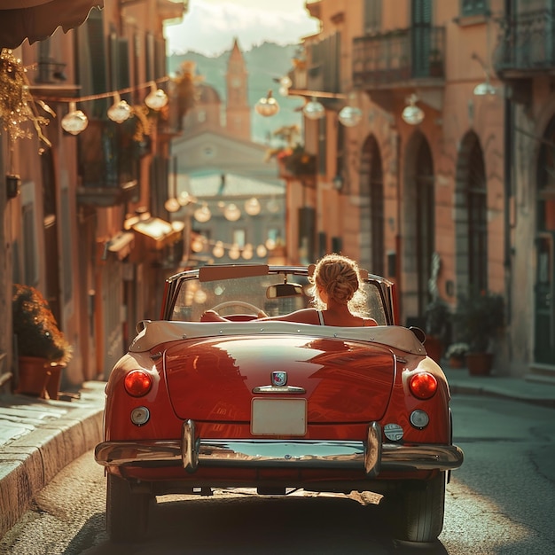 un coche rojo y una hermosa dama conduciendo en la carretera de Italia