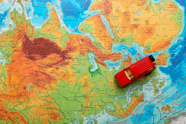 Coche rojo de juguete en un mapa físico del mundo viaja desde Europa hacia Rusia
