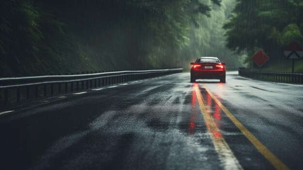 Coche rojo con luces de freno en una carretera mojada en medio de la lluvia y la vegetación