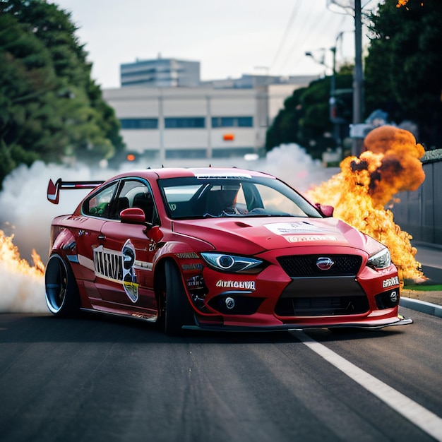 Un coche rojo con mucho humo saliendo de sus tubos de escape en una calle con un edificio en la ba.