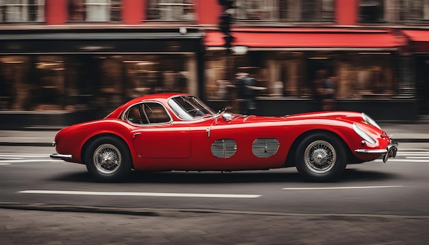 un coche rojo con el número 4 en el lado está conduciendo por la calle