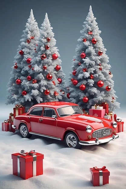 Coche rojo con regalos nieve año nuevo 2024 decoraciones de árbol de Navidad invierno y concepto de vacaciones renderización 3d