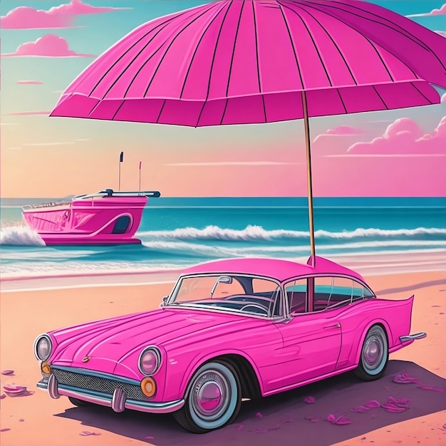 Un coche rosa está estacionado en la playa con un paraguas rosa para celebrar el día mundial sin automóviles