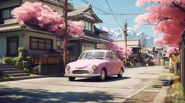 Coche rosado asombroso en una ciudad de Japón