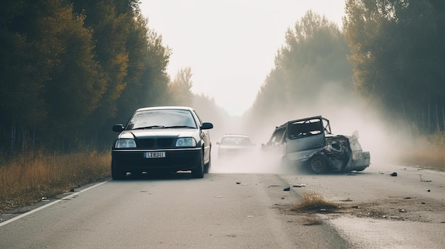 Un coche roto en el lado del tráfico de automóviles en la autopista generación de IA