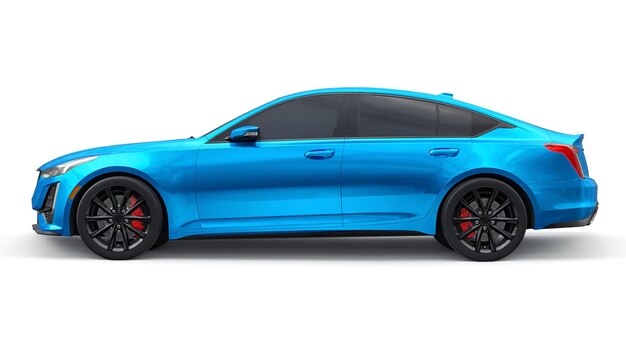 Coche sedan de negocios premium azul en una configuración deportiva sobre un fondo blanco renderización 3D