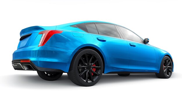 Coche sedan de negocios premium azul en una configuración deportiva sobre un fondo blanco renderización 3D