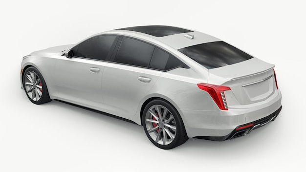 Coche sedán de negocios premium en una configuración deportiva en una representación 3d de fondo blanco