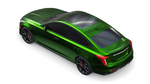 Coche sedán de negocios premium verde en una configuración deportiva en una representación 3d de fondo blanco