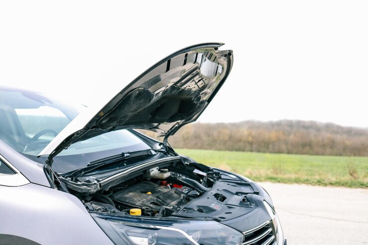 El coche sobrecalentado y el motor se rompieron con la avería del radiador el vapor y el humo de aceite caliente de debajo del capó joven asiático conductor de auto de pie abierto capó del coche al aire libre concepto de problema de motor de automóvil