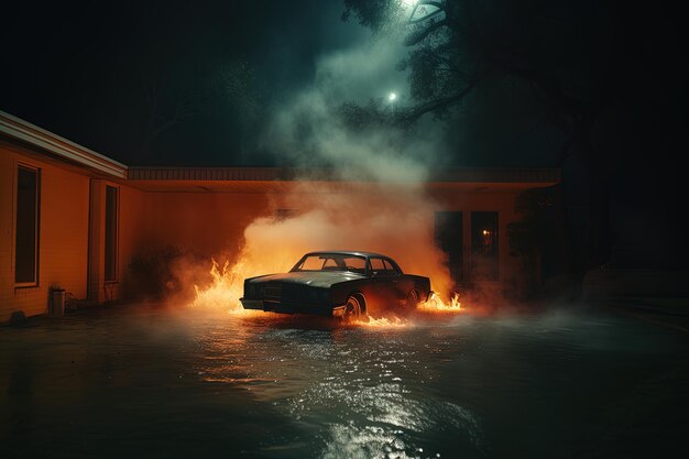 Foto un coche está sumergido en el agua con llamas saliendo de él