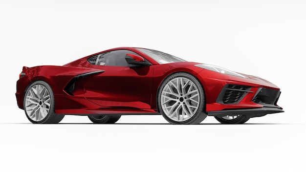 Coche superdeportivo rojo ultramoderno con un diseño de motor central sobre un fondo blanco aislado. Un coche para competir en la pista y en la recta. ilustración 3d