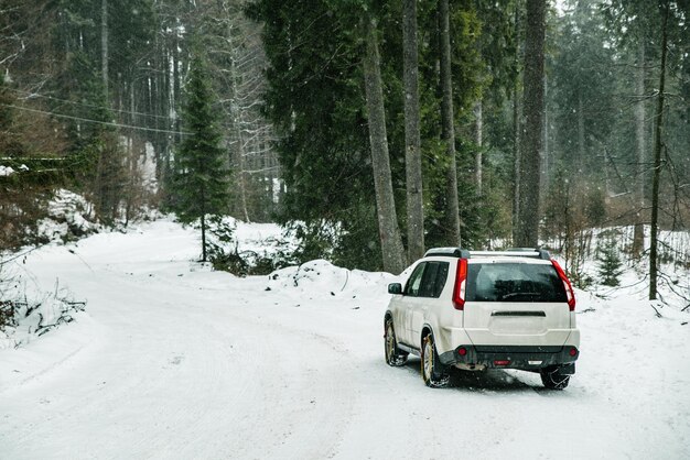 coche SUV con cadena en ruedas en el bosque nevado