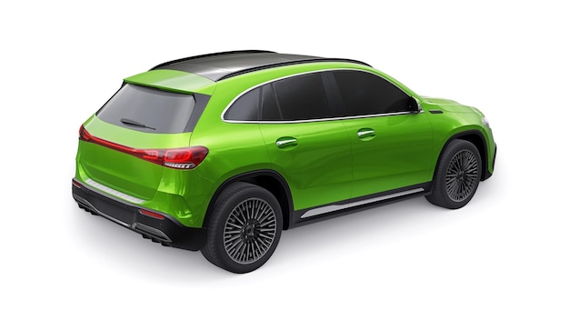 Coche SUV eléctrico innovador de la familia verde sobre una representación 3d de fondo blanco