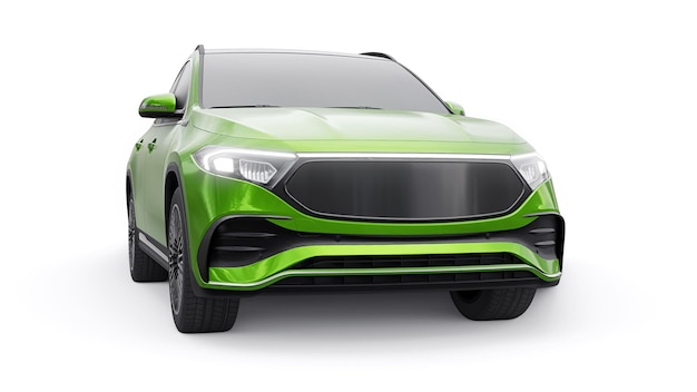 Coche SUV eléctrico innovador de la familia verde sobre una representación 3d de fondo blanco