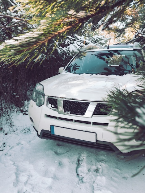 Coche SUV en el espacio de la copia del bosque nevado