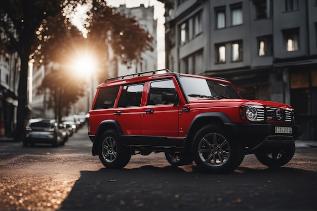 Un coche SUV rojo aislado sobre fondo blanco.