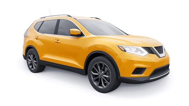 Coche SUV urbano familiar de tamaño mediano amarillo sobre fondo blanco Ilustración 3D