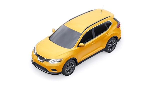 Coche SUV urbano familiar de tamaño mediano amarillo sobre fondo blanco Ilustración 3D