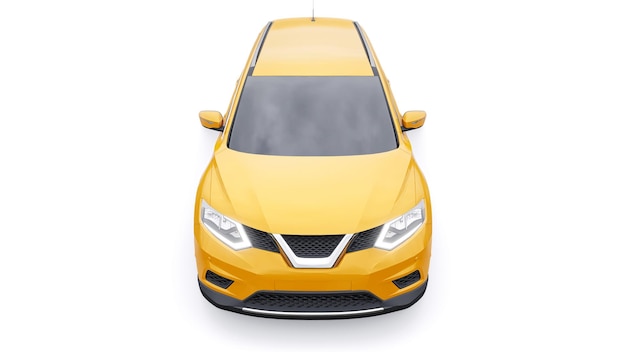 Coche SUV urbano familiar de tamaño mediano amarillo sobre fondo blanco Ilustración 3D