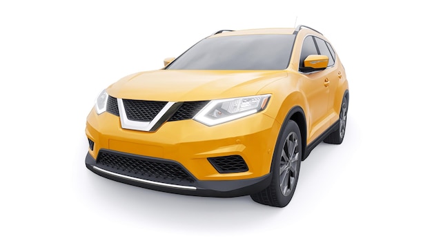 Coche SUV urbano familiar de tamaño mediano amarillo sobre fondo blanco Ilustración 3D