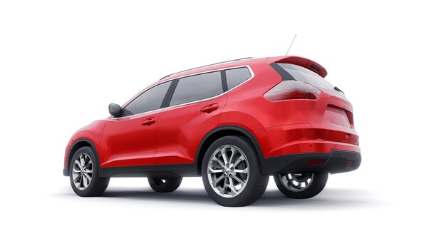 Coche SUV urbano familiar de tamaño mediano rojo sobre fondo blanco Ilustración 3D