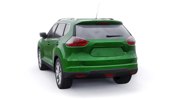 Coche SUV urbano familiar de tamaño mediano verde sobre fondo blanco Ilustración 3D