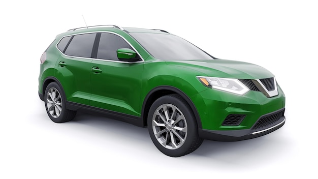 Coche SUV urbano familiar de tamaño mediano verde sobre fondo blanco Ilustración 3D