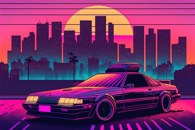 Coche Synthwave en la ciudad