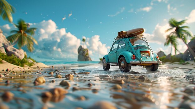 Foto coche con tabla de surf y equipaje en la parte superior en la playa frente a las palmeras y el océano