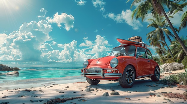 Foto coche con tabla de surf y equipaje en la parte superior en la playa frente a las palmeras y el océano